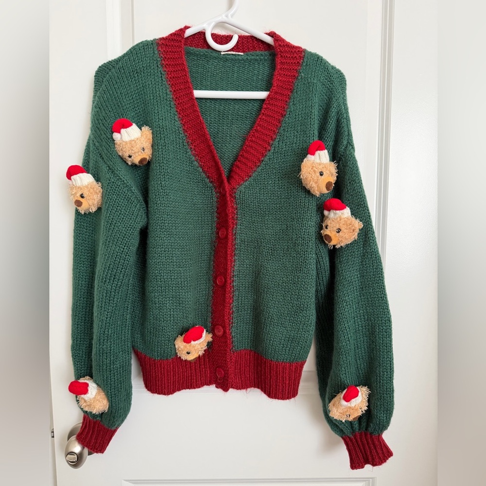 JODIFL Green and Red Women's Sweater with Bear Accents - Picture 2 of 10
